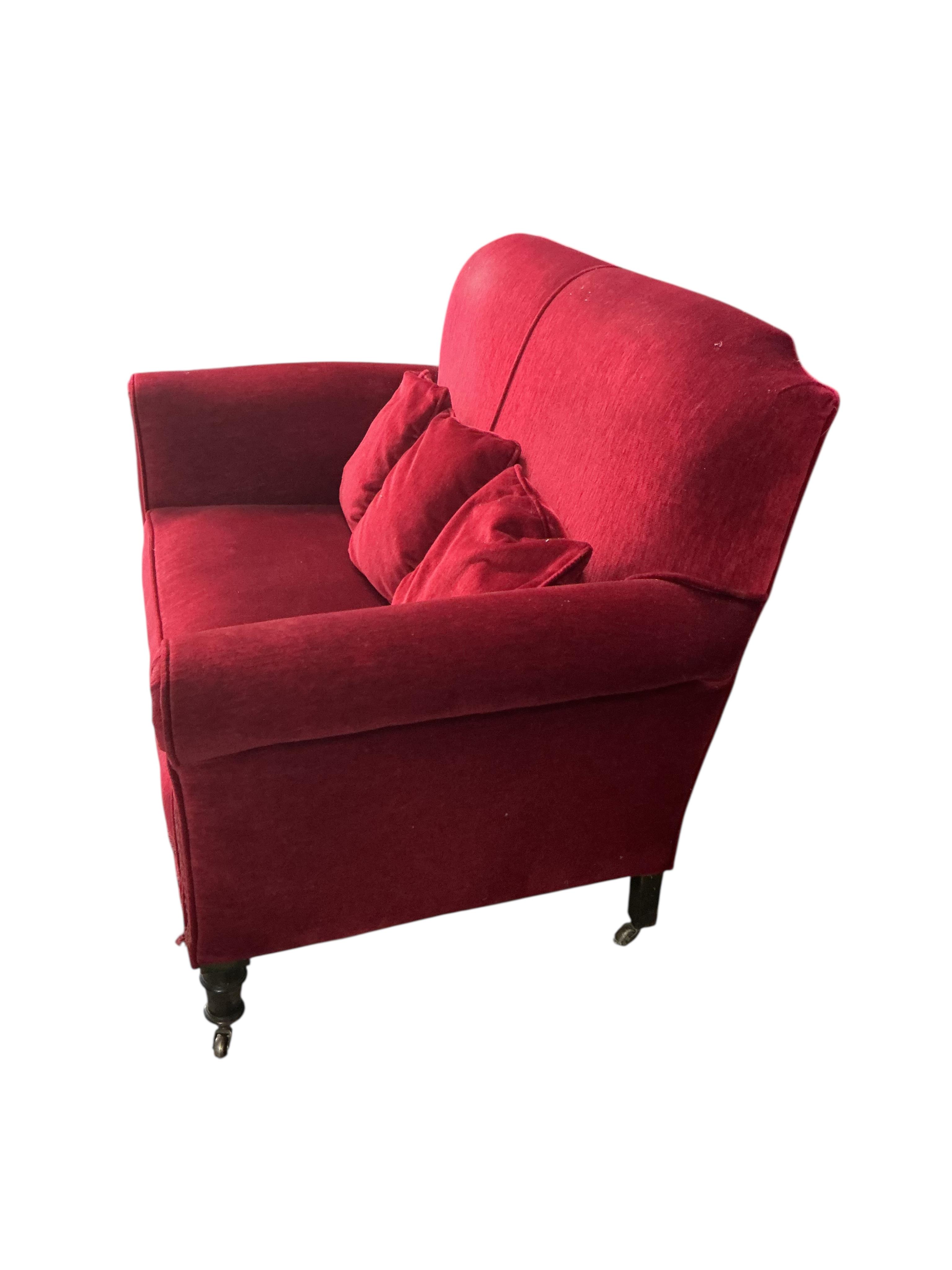 A late Victorian upholstered three piece suite, settee width 136cm, depth 80cm, height 90cm.